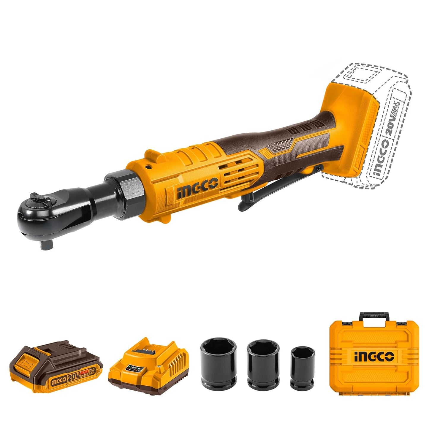 Ingco CDRLI2060152 20V Cordless Drive Ratchet with 65Nm Torque, 3/8" Square Drive, 250RPM | with 3 Sockets (13/17/19mm), 2.0Ah Battery & Charger in Carrying Case