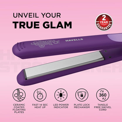 Havells HS4101 Ceramic Plates Fast Heat up Hair Straightener, Straightens & Curls, Suitable for all Hair Types (Purple)
