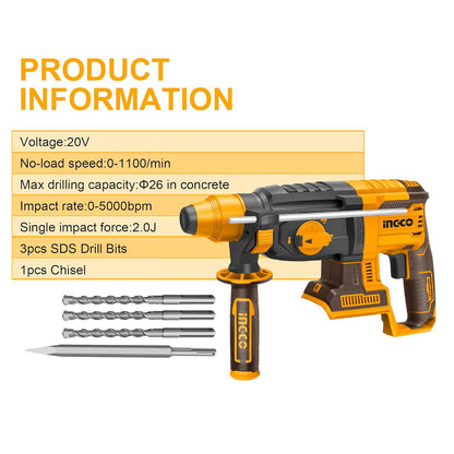 INGCO Cordless Rotary Hammer, Brushless Motor, 2.5J, Max.drilling capacity: Concrete: 26mm, SDS plus Chuck System CRHLI2026