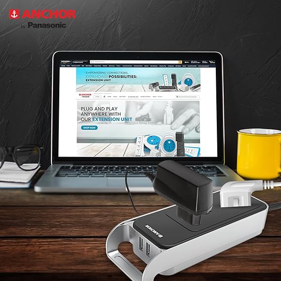 Anchor by Panasonic 6A Extension Board with Handle, 2 Sockets + USB 2.4A, 1.5m Cable (Black and Silver, 240 volts) (22074)