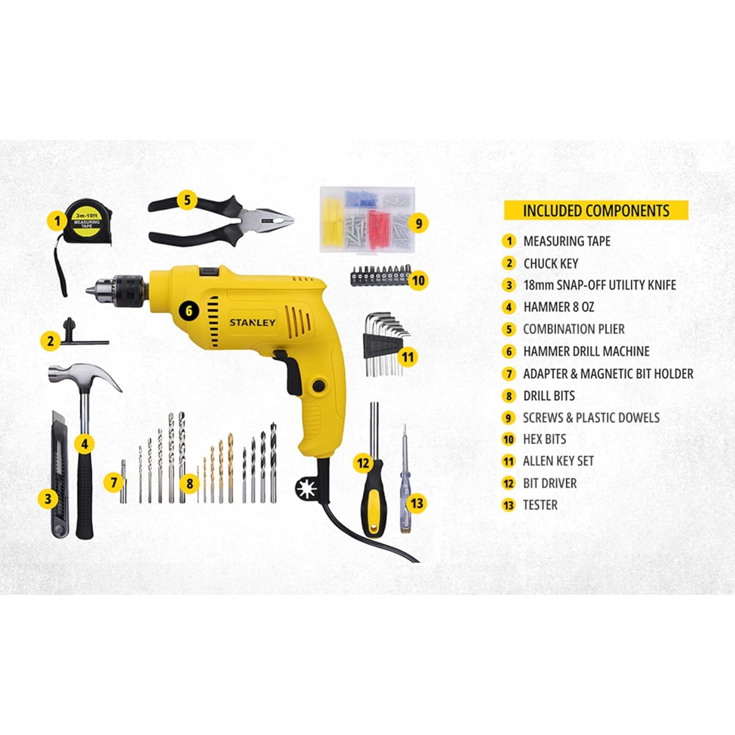 STANLEY SDH550KPA-IN 550W 13mm CORDED HAMMER DRILL MACHINE & HAND TOOL KIT for Home, DIY & Professional Use (120-PIECES) - INCLUDES Hammer Drill,Plier,Hammer,Measuring Tape & Drill Bits,1YearWarranty