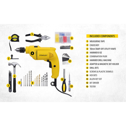 STANLEY SDH550KPA-IN 550W 13mm CORDED HAMMER DRILL MACHINE & HAND TOOL KIT for Home, DIY & Professional Use (120-PIECES) - INCLUDES Hammer Drill,Plier,Hammer,Measuring Tape & Drill Bits,1YearWarranty