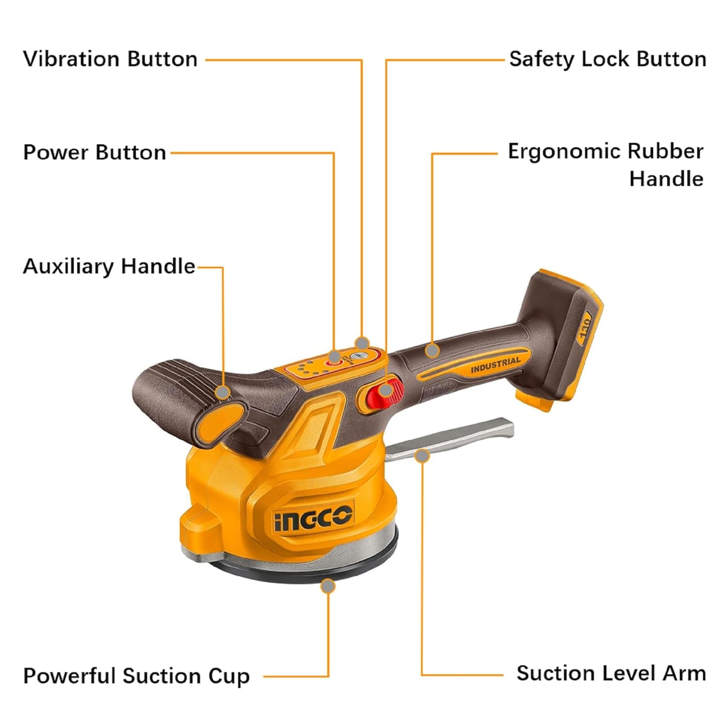INGCO CTVLI2001 20V Cordless Tile Vibration Machine | 0-10000 RPM, 60kg Suction, 130mm Suction Cup
