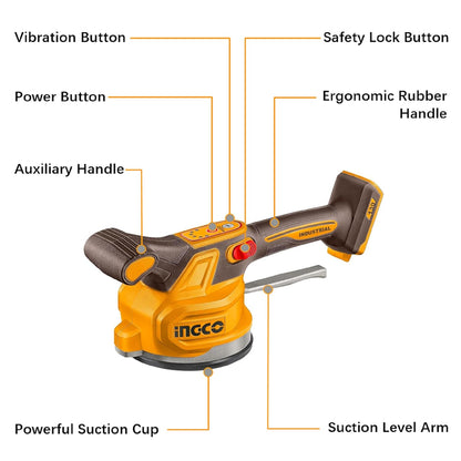 INGCO CTVLI2001 20V Cordless Tile Vibration Machine | 0-10000 RPM, 60kg Suction, 130mm Suction Cup