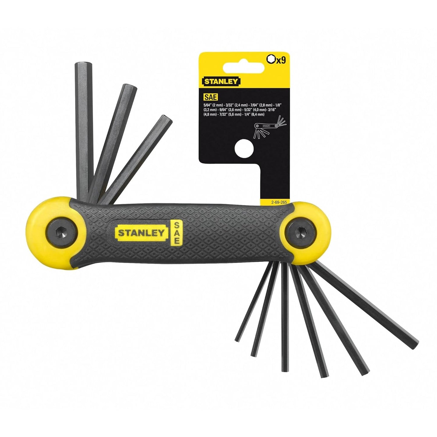 STANLEY 2-69-265 9-Pc. Folding Metric Key Set, Black Phosphate Finish, Chamfered Edge, Comfortable Handle, LxWxH: 16x5x4cm, 0.152 Kg, Keys Stored in Size Marked Order for Easy Access & Identification