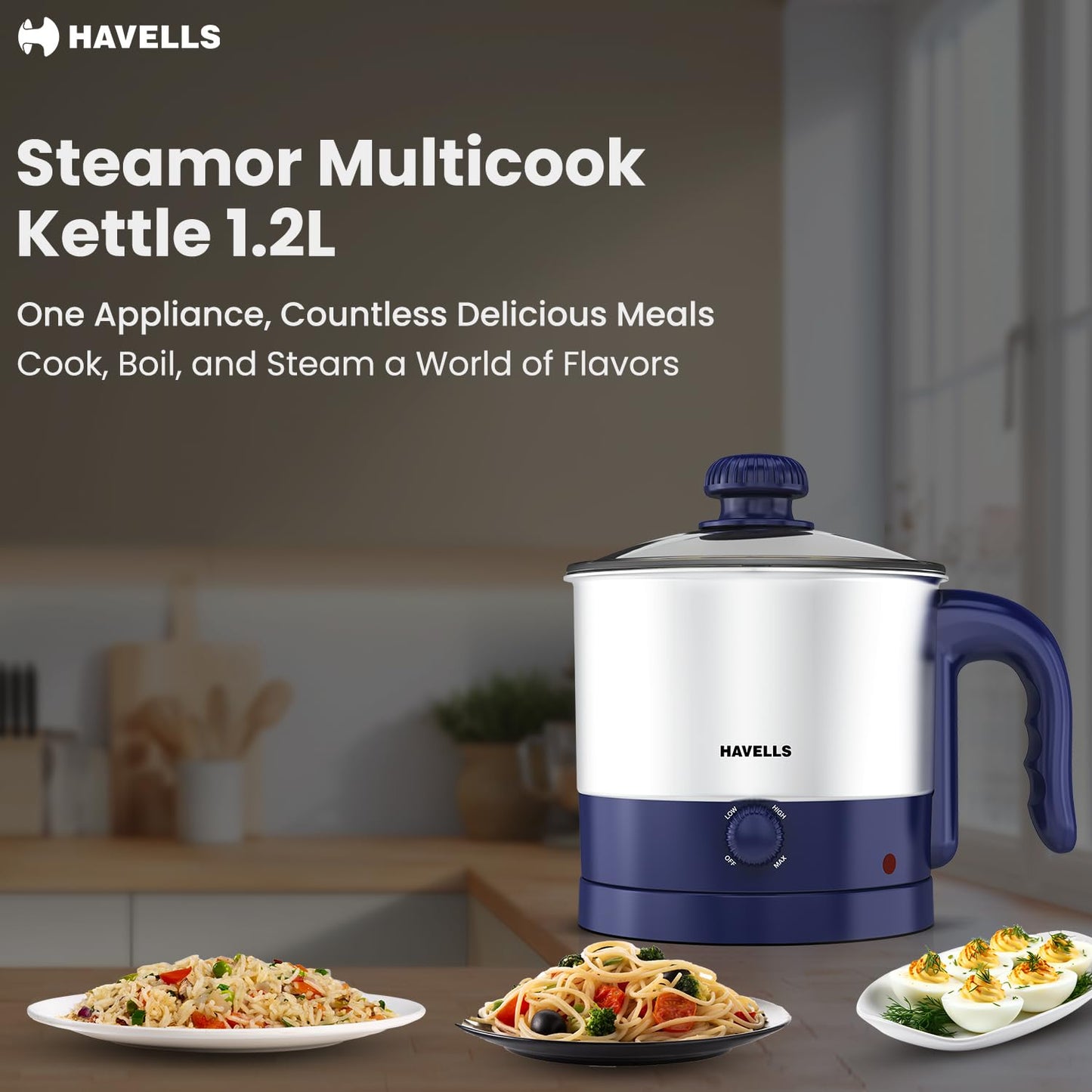 Havells Steamor Multicook Kettle | 1.2 L Capacity | Food Grade Body with Cool Touch Handle | Multiple Steaming Attachments | Double Safety Protection | 3 Temperature Modes(Blue)
