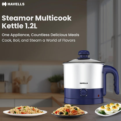 Havells Steamor Multicook Kettle | 1.2 L Capacity | Food Grade Body with Cool Touch Handle | Multiple Steaming Attachments | Double Safety Protection | 3 Temperature Modes(Blue)