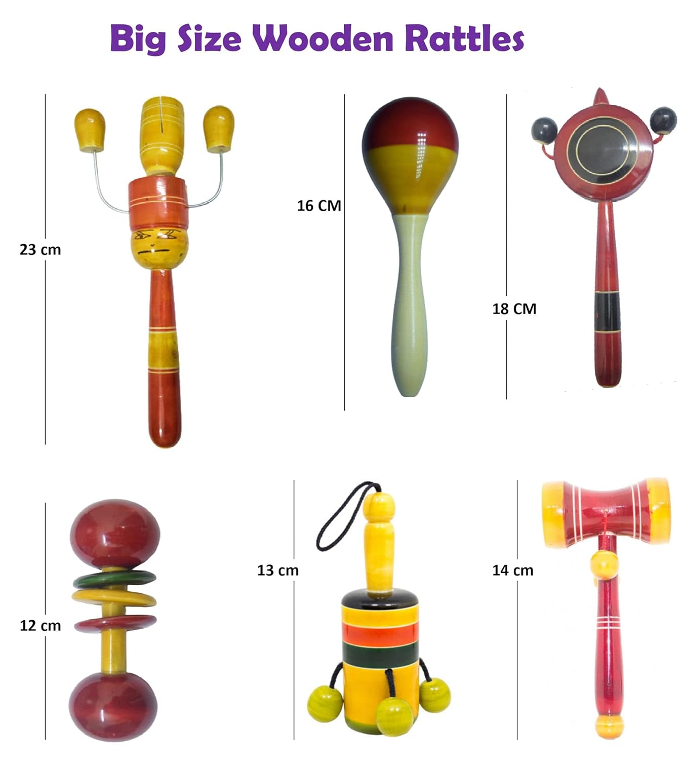Udaipur HandiCrafts Wooden Baby Rattles Combo Pack Set of 6, Non Toxic Channa Patna Toys - Baby Musical Toys, Teether, Natural Colors, Loud Sound for New Born, Baby, Infants.