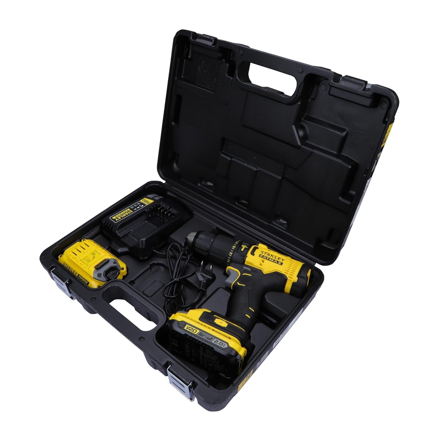 STANLEY FATMAX SCD711D2KA-B1 20V 2.0Ah 13mm Reversible Cordless Brushed Hammer Drill With 100pcs Accessories Kit 2x2.0Ah Li-ion Batteries 1pc Charger 2-Speed Gearbox, 2 Year Warranty, YELLOW & BLACK