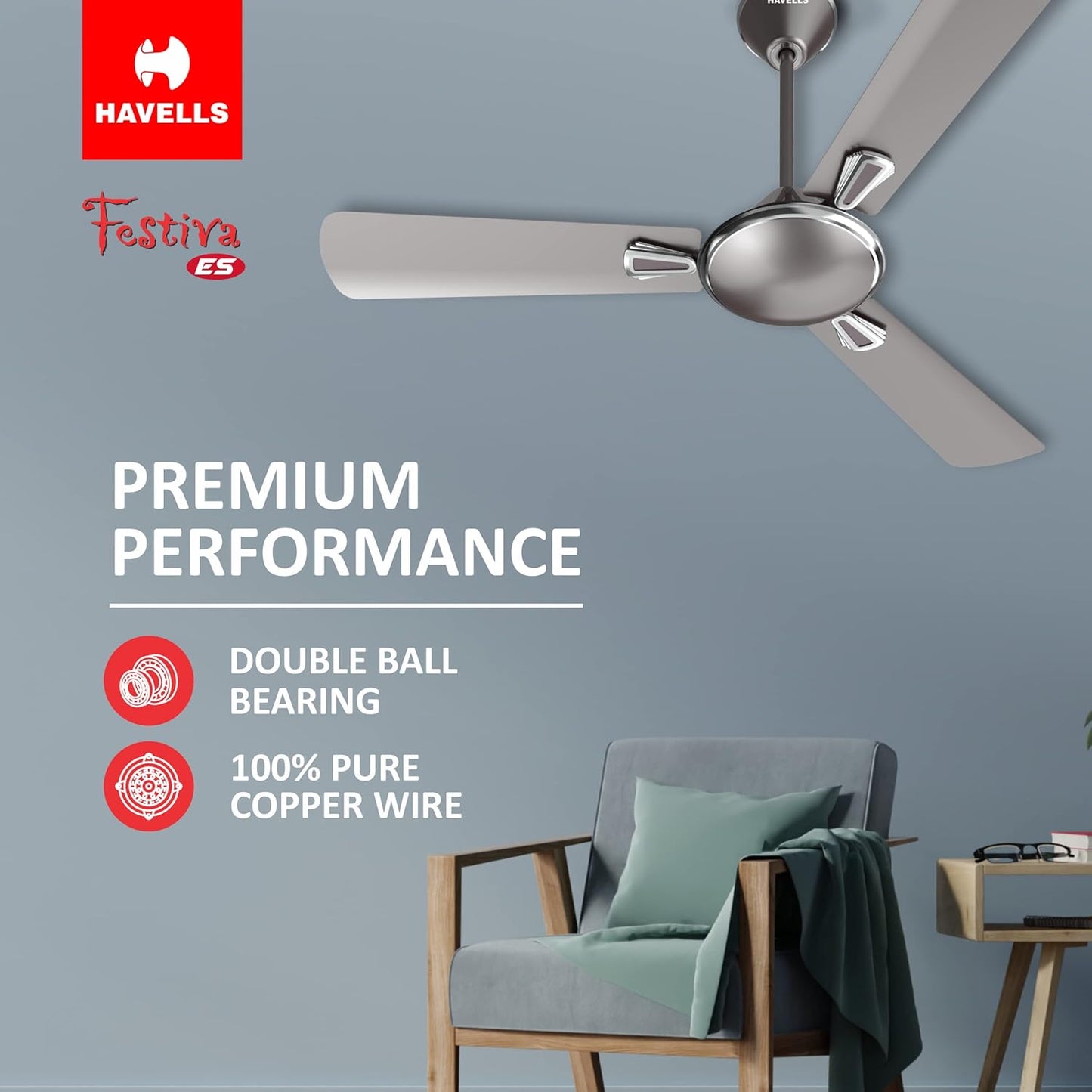 Havells 1200mm Festiva ES Ceiling Fan| Premium Finish| Energy Saving| Designer Fan for Home Decor| Elegant Looks| 230 m³/min Air Delivery| Hi-Speed Low Noise| 100% Copper Motor (Pack of 1, Mist Grey)