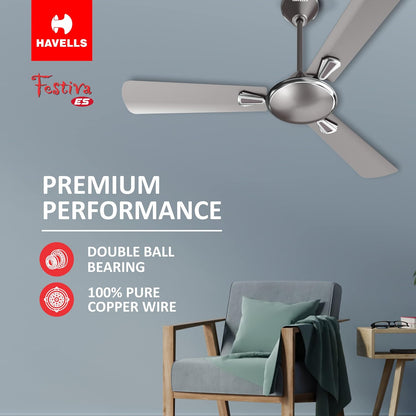 Havells 1200mm Festiva ES Ceiling Fan| Premium Finish| Energy Saving| Designer Fan for Home Decor| Elegant Looks| 230 m³/min Air Delivery| Hi-Speed Low Noise| 100% Copper Motor (Pack of 1, Mist Grey)