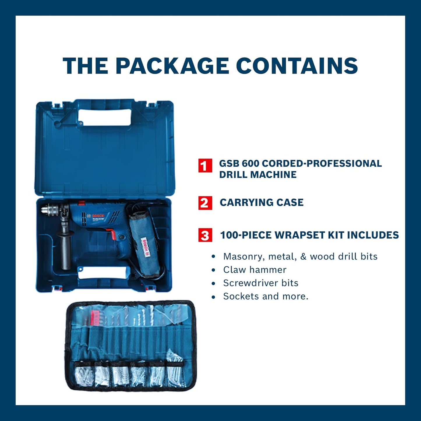 BOSCH GSB 600 Corded Electric Impact Drill Wrap Set| 600W Motor | Speed upto 3000 RPM | Rated Torque of 1.4 Nm | Impact rate of 48000 BPM | Forward/Reverse Rotation, Double Insulation | 1 Yr Warranty