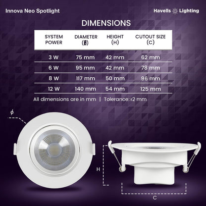 Havells INNOVA NEO LED SPOT Light 8W 6K Round, LED Ceiling Light