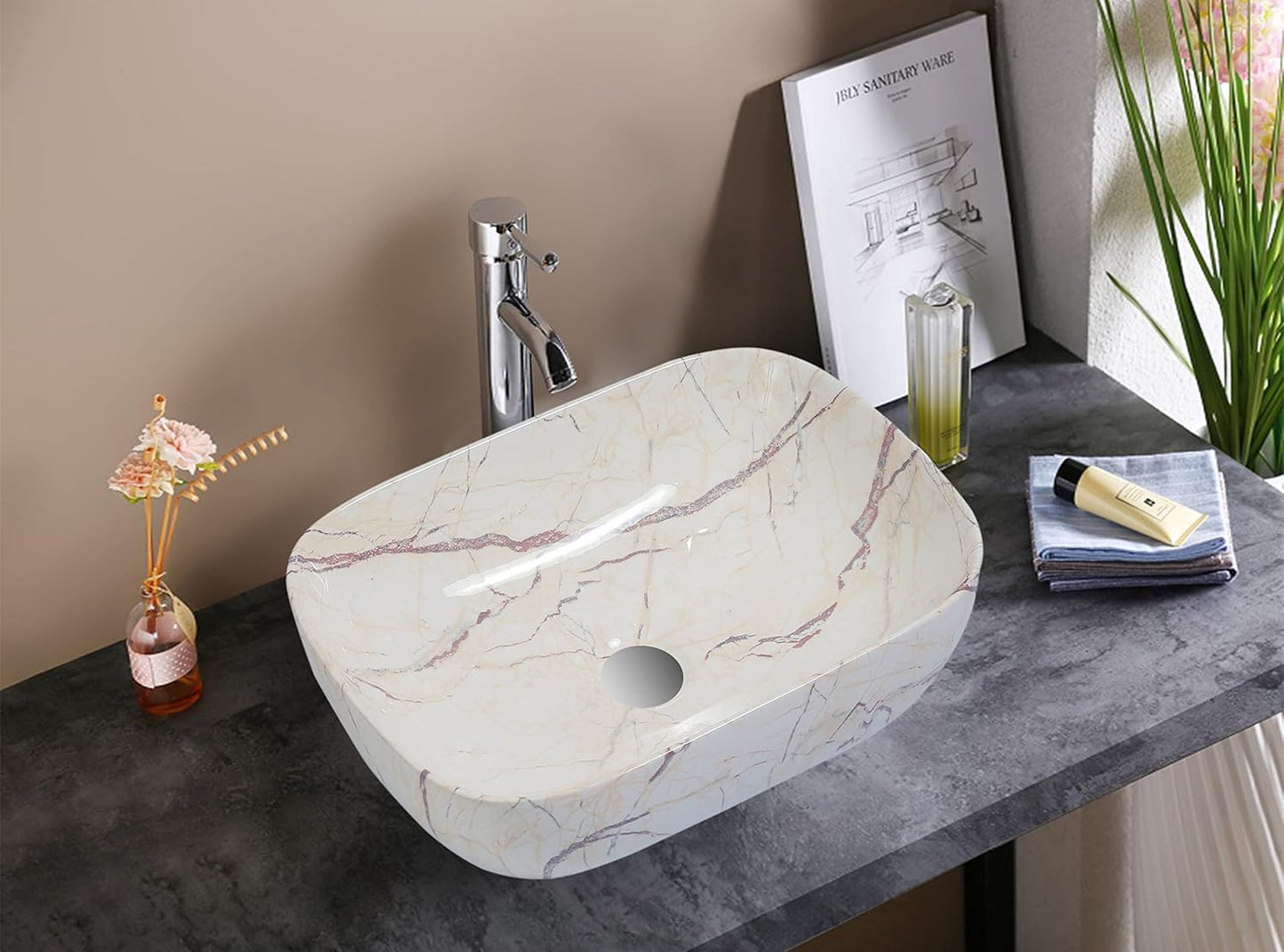 UdrCrafts® Ceramic Table Top Bathroom Sink | Countertop Vessel Sink | Wash Basin Over Counter For Bathroom, Hotel, HomeLiving Room (18 x 13 x 5.5 Inch, White-Maroon)