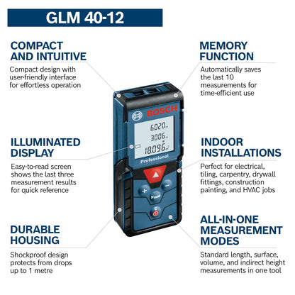 BOSCH GLM 40-12 Laser Measure | Precise Length, Area & Volume | Easy-to-Read Display | IP54 Durable | Memory Function for Fast Measurements|Compact & Pro-Grade Tool|1Yr Warranty|Batteries Not Included