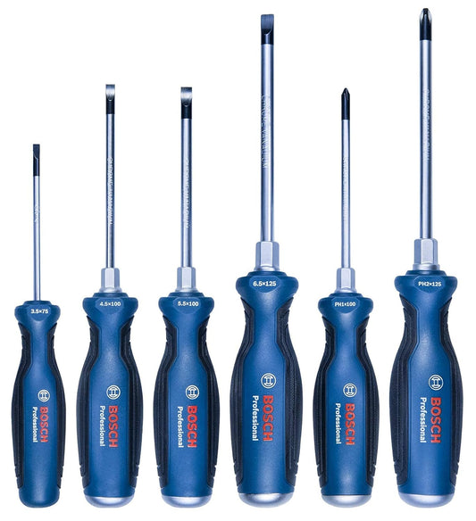 BOSCH Professional 6-Piece Screwdriver Set - Ideal for General Use, Chiselling, & Loosening Seized Fasteners (75, 100 & 125mm Length) Blue