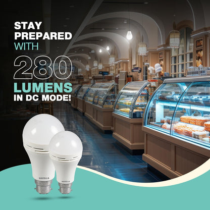 HAVELLS 8.5w LED Emergency Bulb | Shatter Resistant |Cool Day White (6500K) | B22 LED Bulb Base | Inverter Bulb for home,3 Hours battery back up| Li-ion Battery | Over charging Protection
