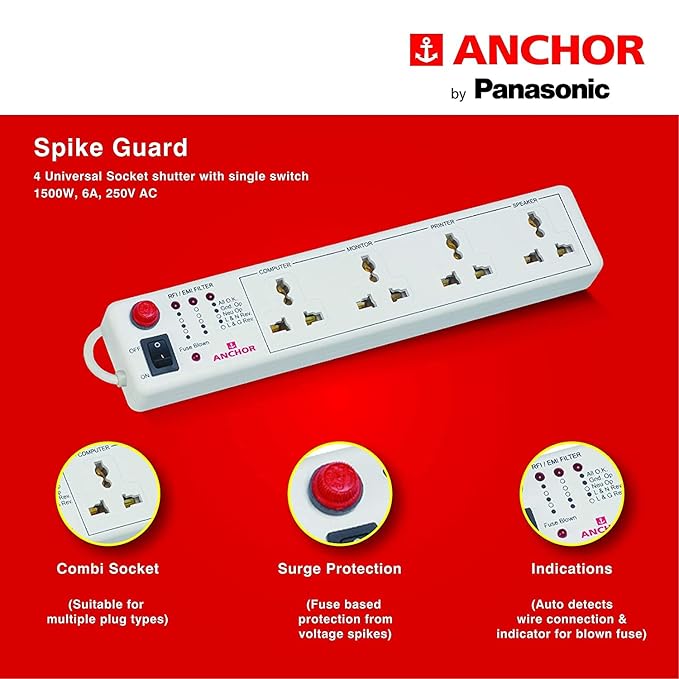 Anchor by Panasonic Spike Guard- 4 Universal Socket with Single Switch - 4 Mtr (22048)