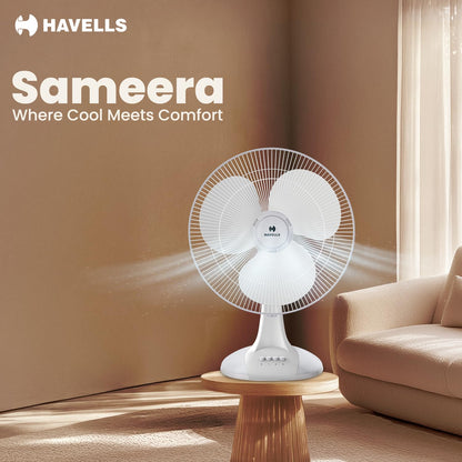 Havells Sameera 400mm Table Fan | Jerk free oscillation, 120 ribs guard, 3 Speed Settings, 1360 RPM Powerful Motor | Aerodynamically designed & balanced PP blades, 2 Year Warranty | (Pack of 1, White)