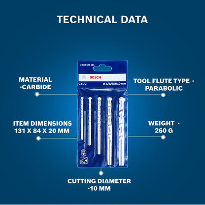 Bosch Professional Impact Drill Bit / Masonry Drill Bit Set With Diameter 4mm, 5mm, 6mm, 8mm, 10mm, Pack Of 5