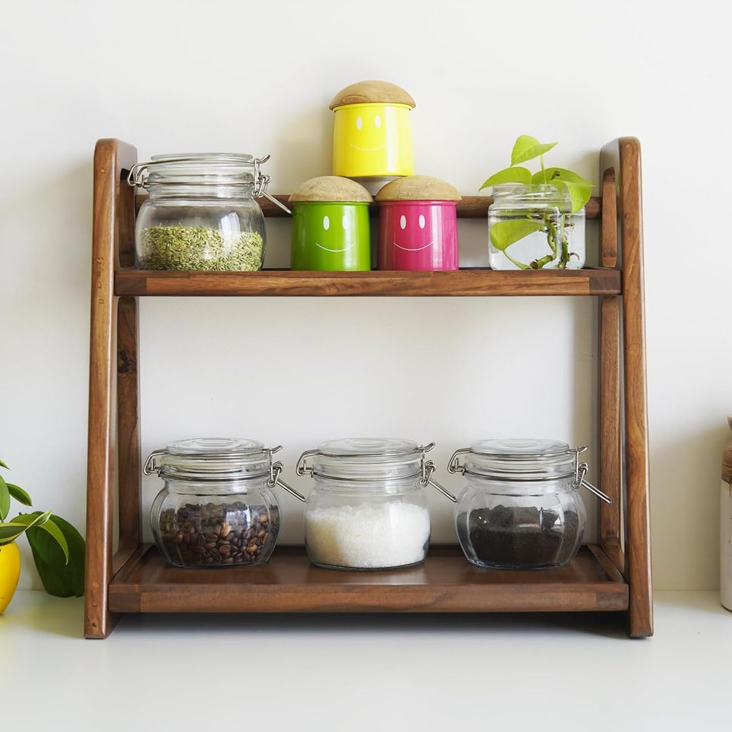 Udaipur Handicrafts Wooden Kitchen Rack Organizer 2 Tier Shelf | Multipurpose Solid Teak Wood Storage Organizer | Grocery Spice Rack | Sugar Containers, Jars, Bottles Holder for Kitchen Countertop (Food Safe)