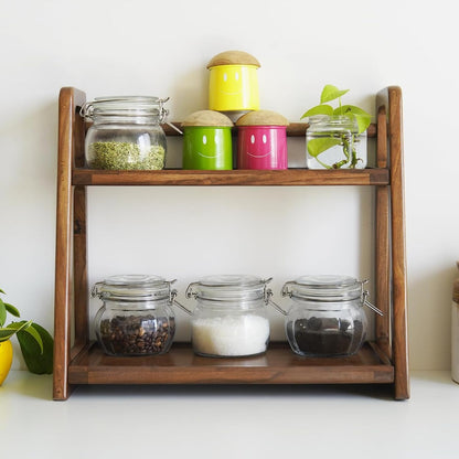 Udaipur Handicrafts Wooden Kitchen Rack Organizer 2 Tier Shelf | Multipurpose Solid Teak Wood Storage Organizer | Grocery Spice Rack | Sugar Containers, Jars, Bottles Holder for Kitchen Countertop (Food Safe)