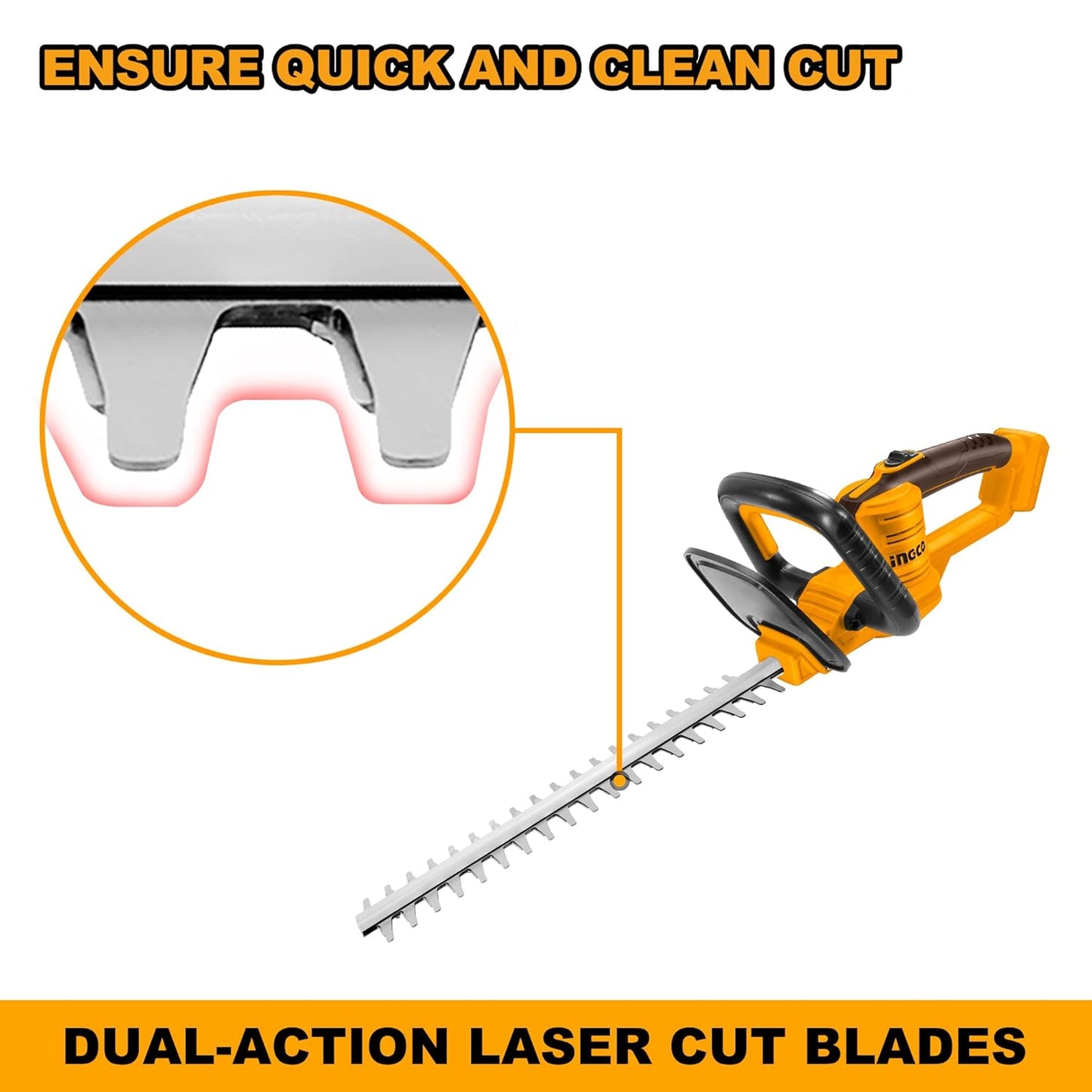 INGCO 20V Cordless Hedge Trimmer - 460mm Laser-Cut Blade, 2800 SPM, Cuts 18mm Branches, Includes 2.0Ah Battery, Charger, Safety Goggles & Gloves - Lightweight Electric Shrub Trimmer