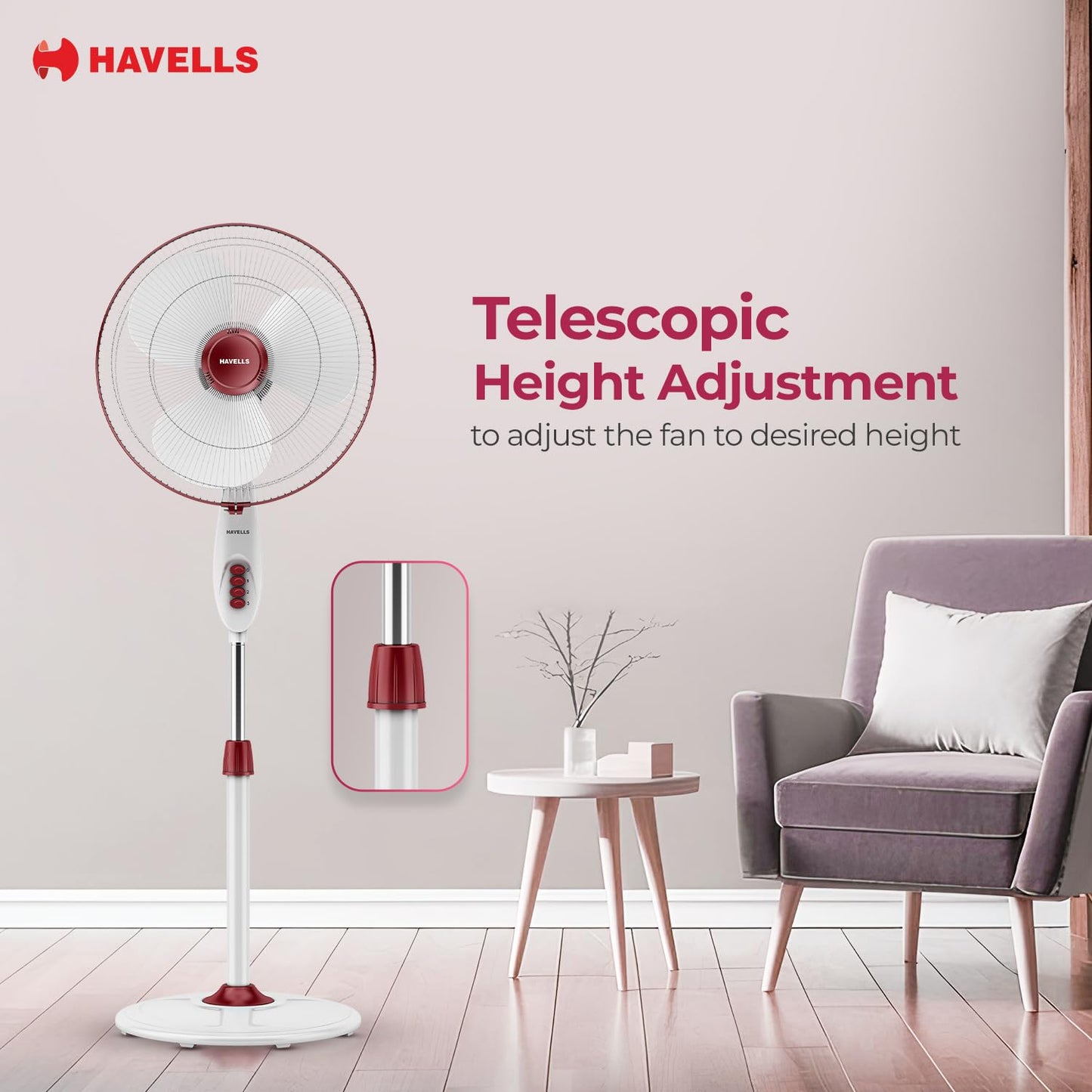 Havells Gatik Pro 400mm Pedestal Fan| 120 Ribs Guard for Safety| Smooth Oscillation| Heavy Base| ISI Marked | 2 Year Warranty | Wine Red