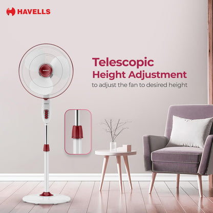 Havells Gatik Pro 400mm Pedestal Fan| 120 Ribs Guard for Safety| Smooth Oscillation| Heavy Base| ISI Marked | 2 Year Warranty | Wine Red