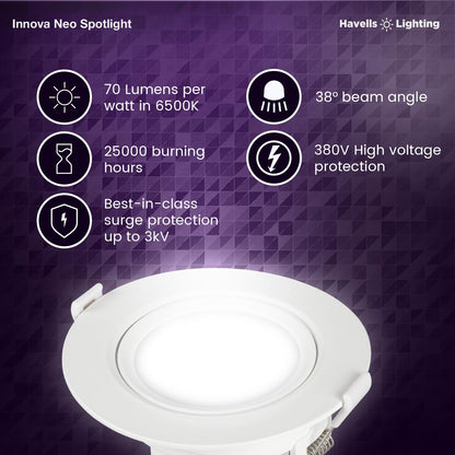 Havells INNOVA NEO LED SPOT Light 8W 6K Round, LED Ceiling Light