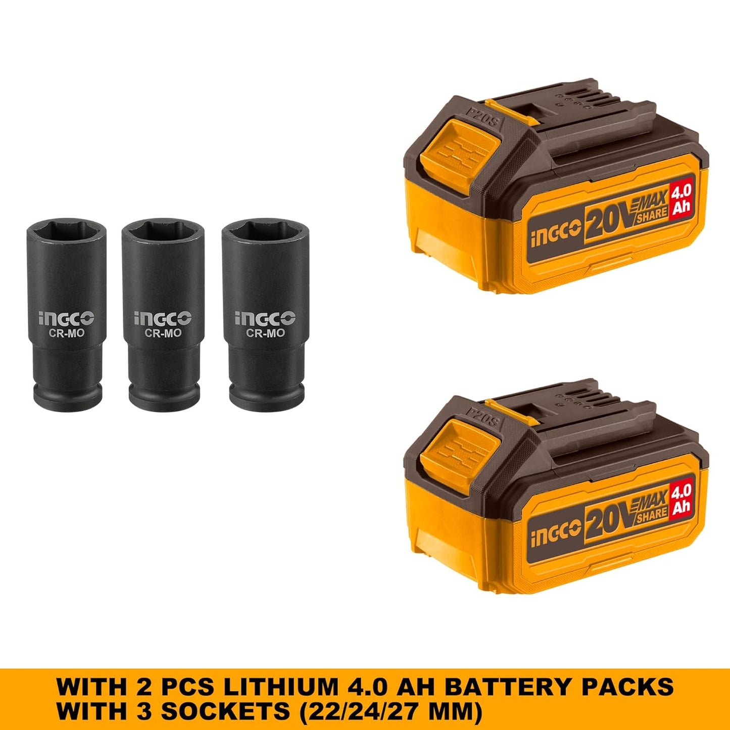 Ingco Cordless Impact Wrench 1/2 Inch, Brushless Motor, Nut-Busting Torque 1000Nm, 20V Battery Impact Gun with 2 PCS 4.0 Ah Battery Packs and Charger