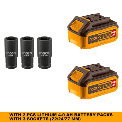 Ingco Cordless Impact Wrench 1/2 Inch, Brushless Motor, Nut-Busting Torque 1000Nm, 20V Battery Impact Gun with 2 PCS 4.0 Ah Battery Packs and Charger