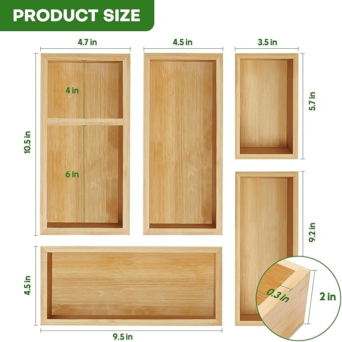 Udaipur Handicrafts Solid Wood Drawer Organizer Set, 5 PCS Multi-Use Wooden Storage Organizers, Drawer Divider and Storage Trays for Kitchen, Makeup, Jewelry, Utensils