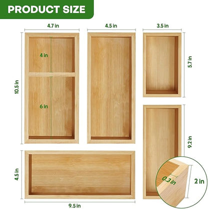 Udaipur Handicrafts Solid Wood Drawer Organizer Set, 5 PCS Multi-Use Wooden Storage Organizers, Drawer Divider and Storage Trays for Kitchen, Makeup, Jewelry, Utensils