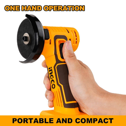 INGCO Cordless Mini Angle Grinder, 19500 RPM, 3 Inch Disc Diameter, M6, With Battery & Charger & 6 pcs Discs