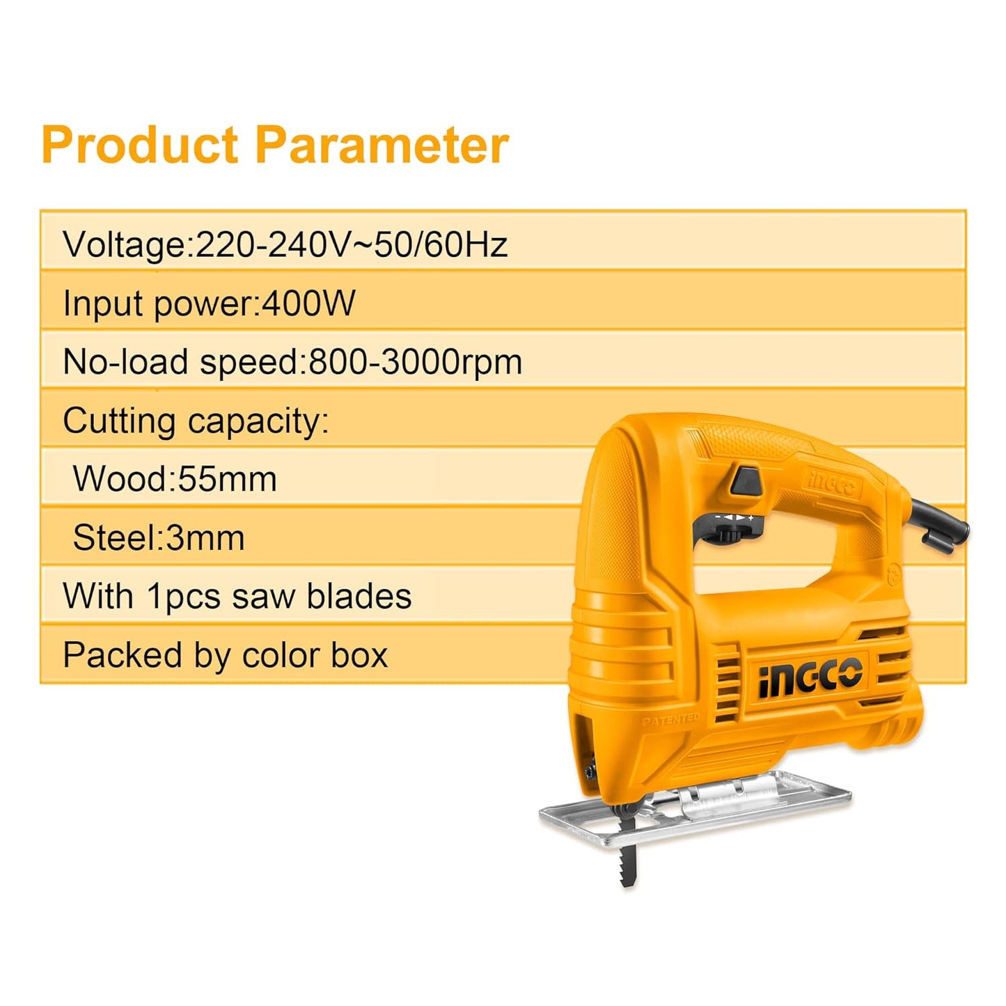 INGCO Jig Saw, Corded Jigsaw with Scale Ruler, 400W | 800-3000rpm | With 1pcs Saw Blade, Bevel Cutting: ±45°, Max Cutting Depth 55mm for Wood