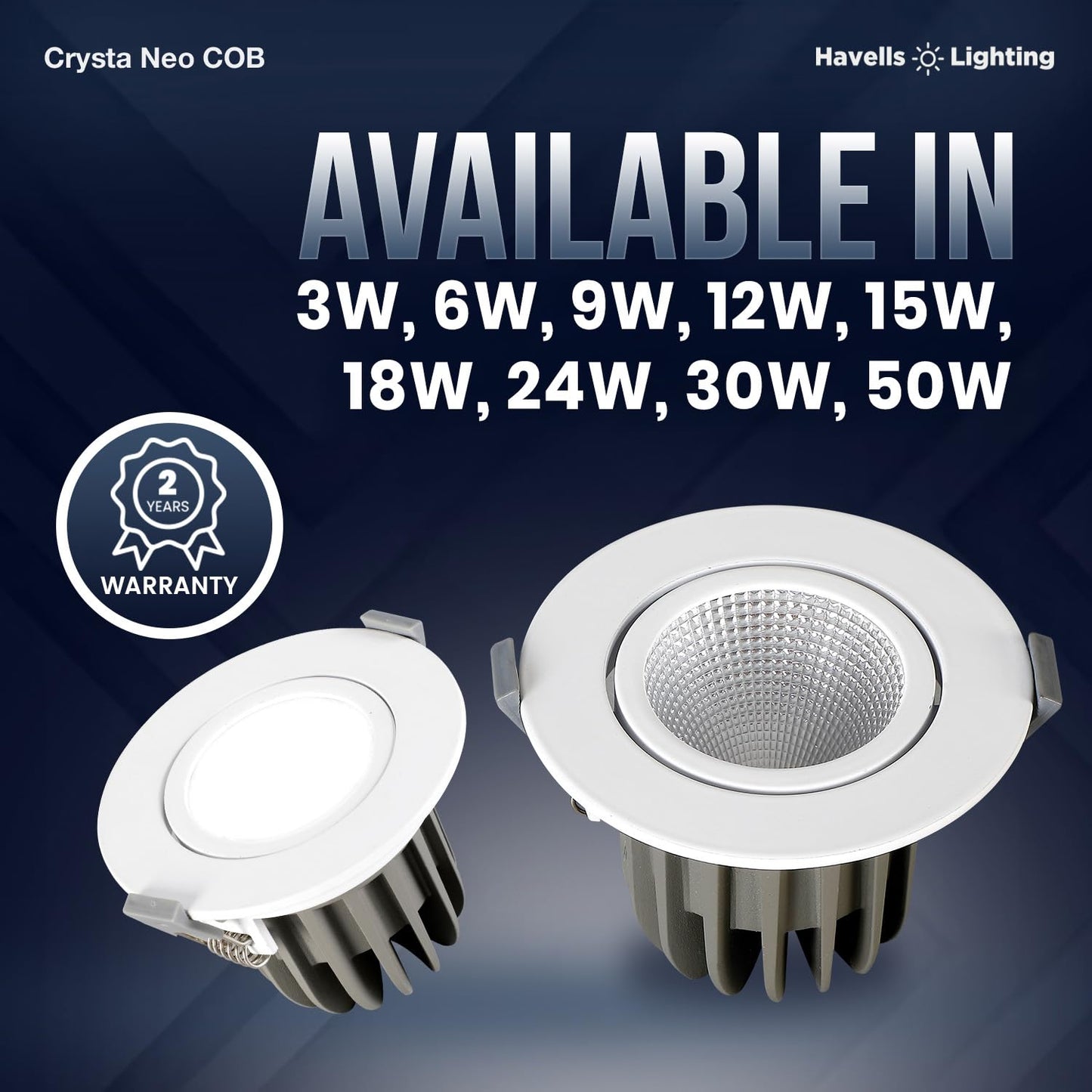 Havells Crysta NEO Swivel COB Spotlight 30W 3K Ceiling Light Energy Efficient Beam Angle of 36° Long Life of 25000 Burning Hours Metal Body COB,Aluminum DIE CAST,80 Lumen Per Watt 6500K