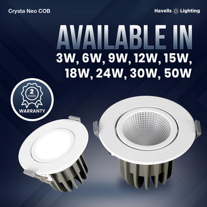 Havells Crysta NEO Swivel COB Spotlight 30W 3K Ceiling Light Energy Efficient Beam Angle of 36° Long Life of 25000 Burning Hours Metal Body COB,Aluminum DIE CAST,80 Lumen Per Watt 6500K