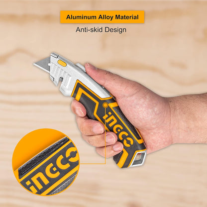 INGCO Box Cutter, Utility Knife, INGCO Pocket Knife retractable with 5 blades, Lock-Back Design, and Lightweight Aluminum Design