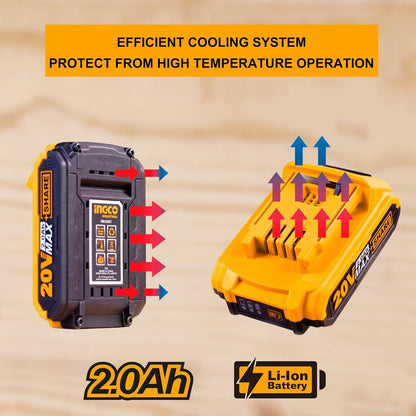 INGCO 20V Battery & Charger Set, 2.0Ah Battery and Fast Intelligent Charger, Compatible with All INGCO 20V Power Tools