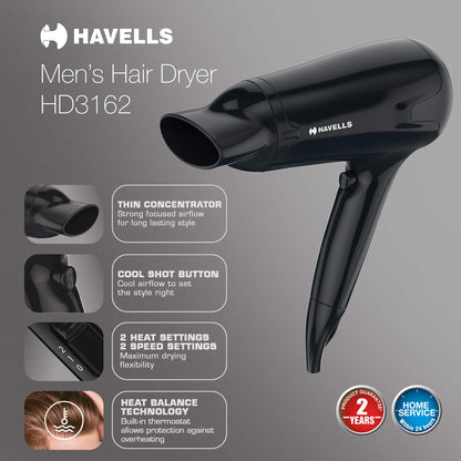 Havells HD3162 Men's 1565 Watts Powerful Hair Dryer with Thin Concentrator and Cool Shot Button; Heat Balance Technology (Black)