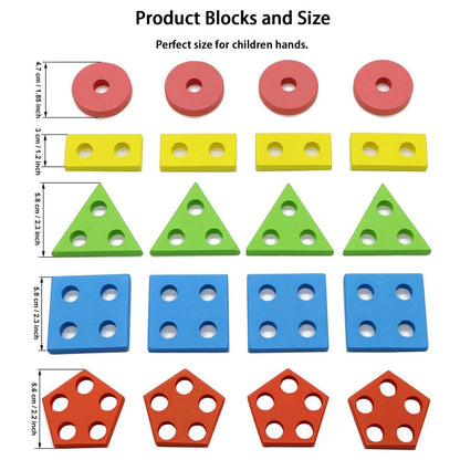 Udaipur HandiCrafts  Kids Wooden Angle Geometric Blocks Stacker Shape Sorter Column Puzzle Stacking Set - 5 Columns