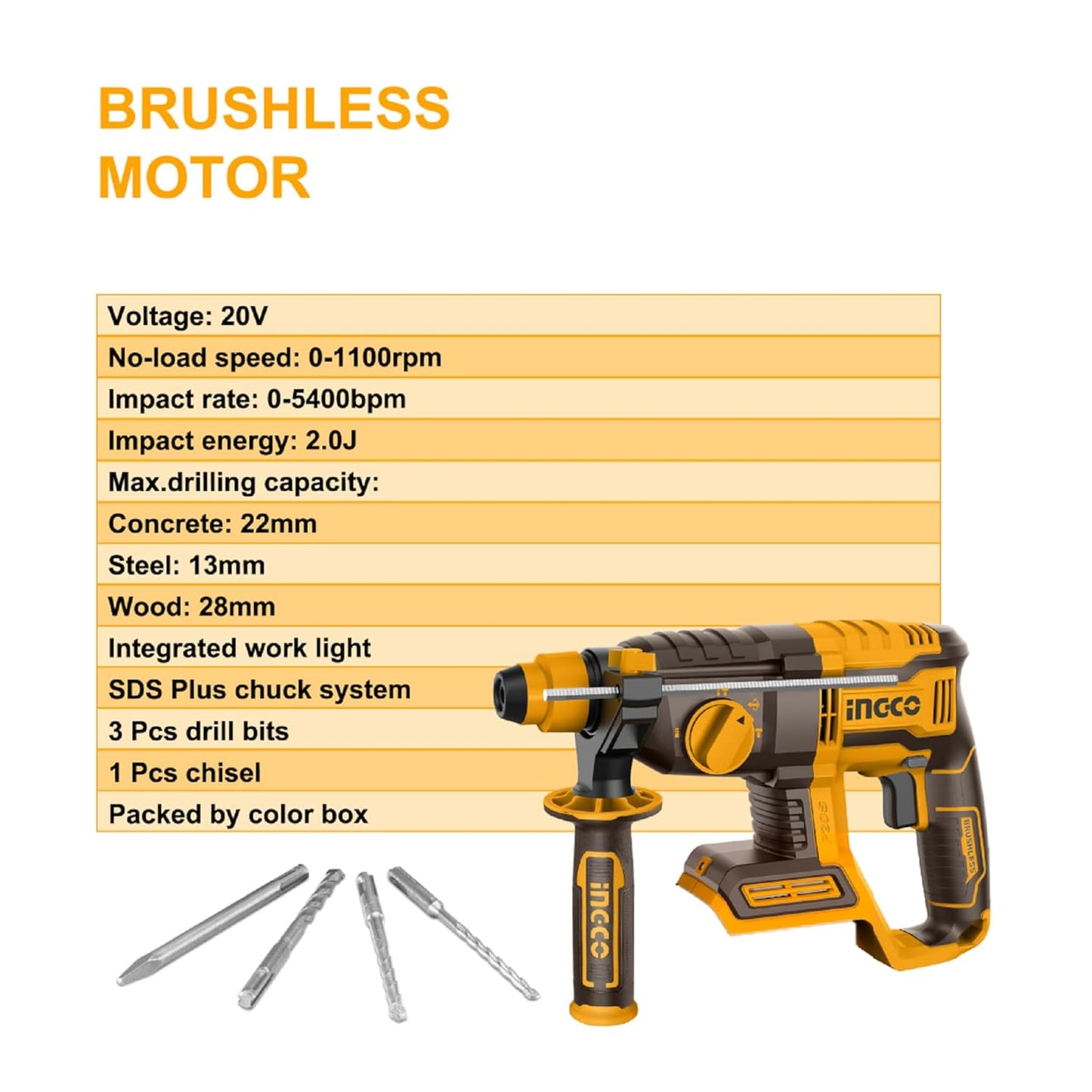 INGCO 20V Lithium-Ion SDS-Plus Rotary Hammer Drill (Body Only) with Brushless Motor, 4IN1 Function Adjust Knob, 2.0J, 5400BPM, 1100RPM, 3Pcs Drill Bits and 1Pcs Chisel CRHLI20208