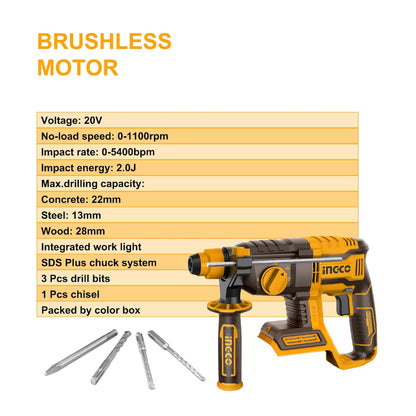INGCO 20V Lithium-Ion SDS-Plus Rotary Hammer Drill (Body Only) with Brushless Motor, 4IN1 Function Adjust Knob, 2.0J, 5400BPM, 1100RPM, 3Pcs Drill Bits and 1Pcs Chisel CRHLI20208