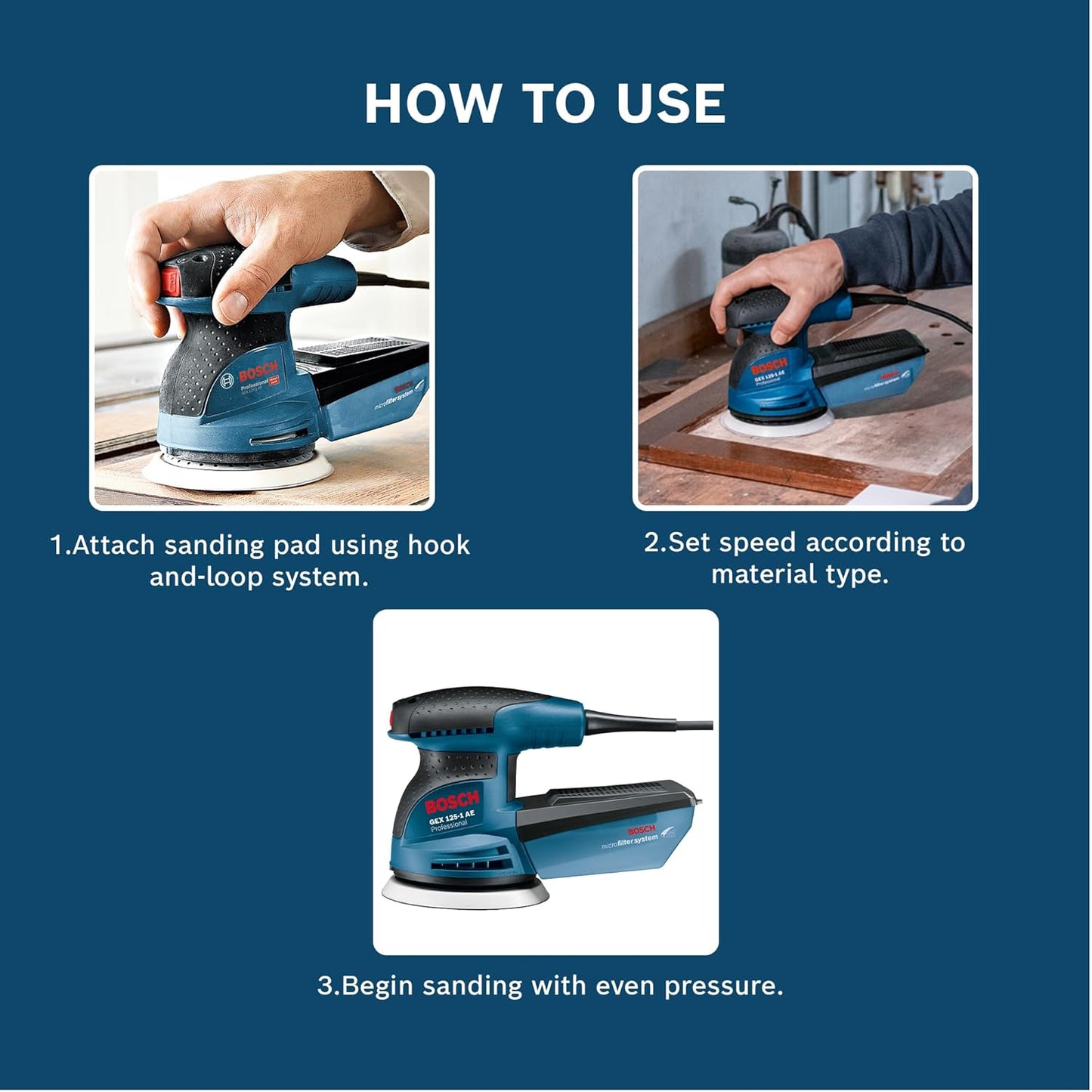 Bosch GEX 125-1 AE Heavy Duty Electric Random Orbit Sander, 250W, 12,000 rpm, 24,000 opm, 125 mm Pad Dia., Hook-and-Loop Fastening,1.3 kg + Microfilter box & Bosch Sanding Disc, 1 Year Warranty