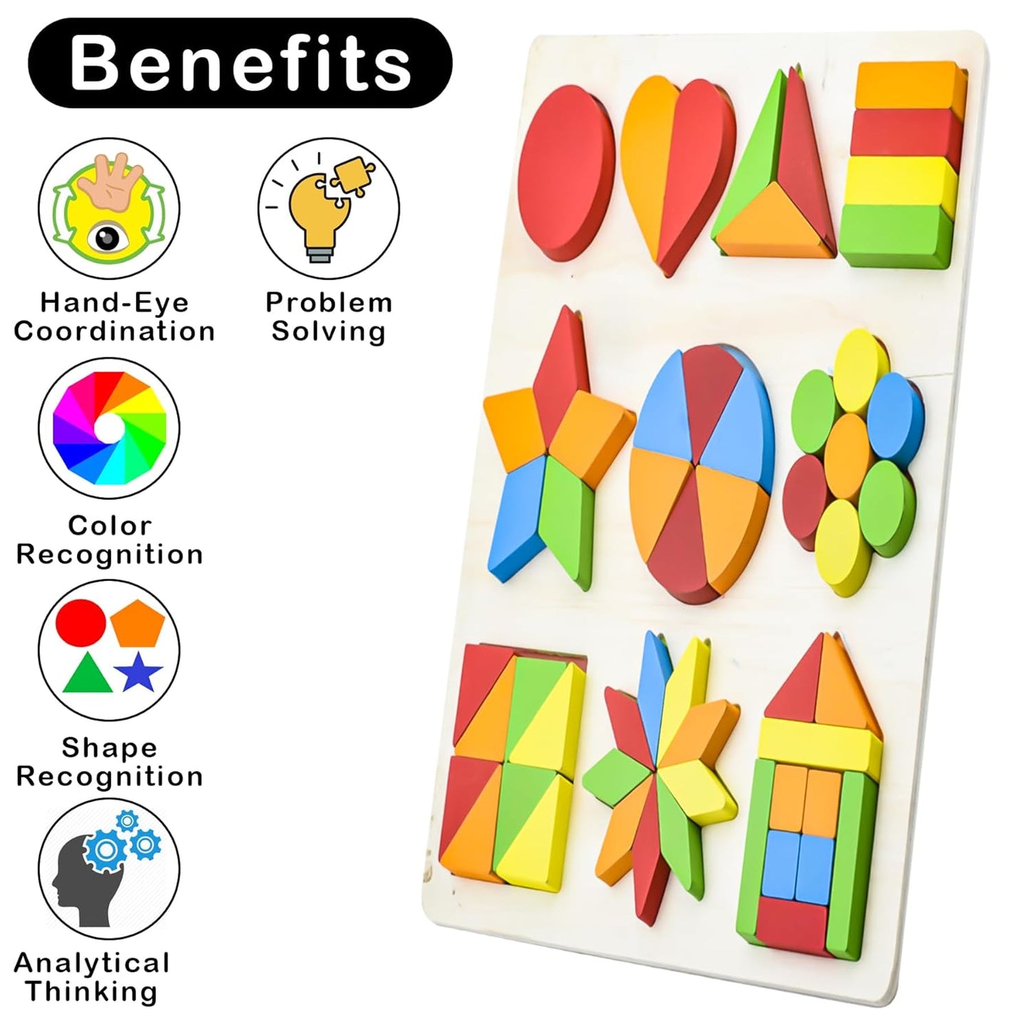 Udaipur HandiCrafts Wooden Shapes Puzzle Learning Toy, Montessori Game Educational Toys for Kids, Intelligence Brain Teaser Puzzle Board with 10 Designer Shapes, Multicolor, 3+ Years (Pack of 1)