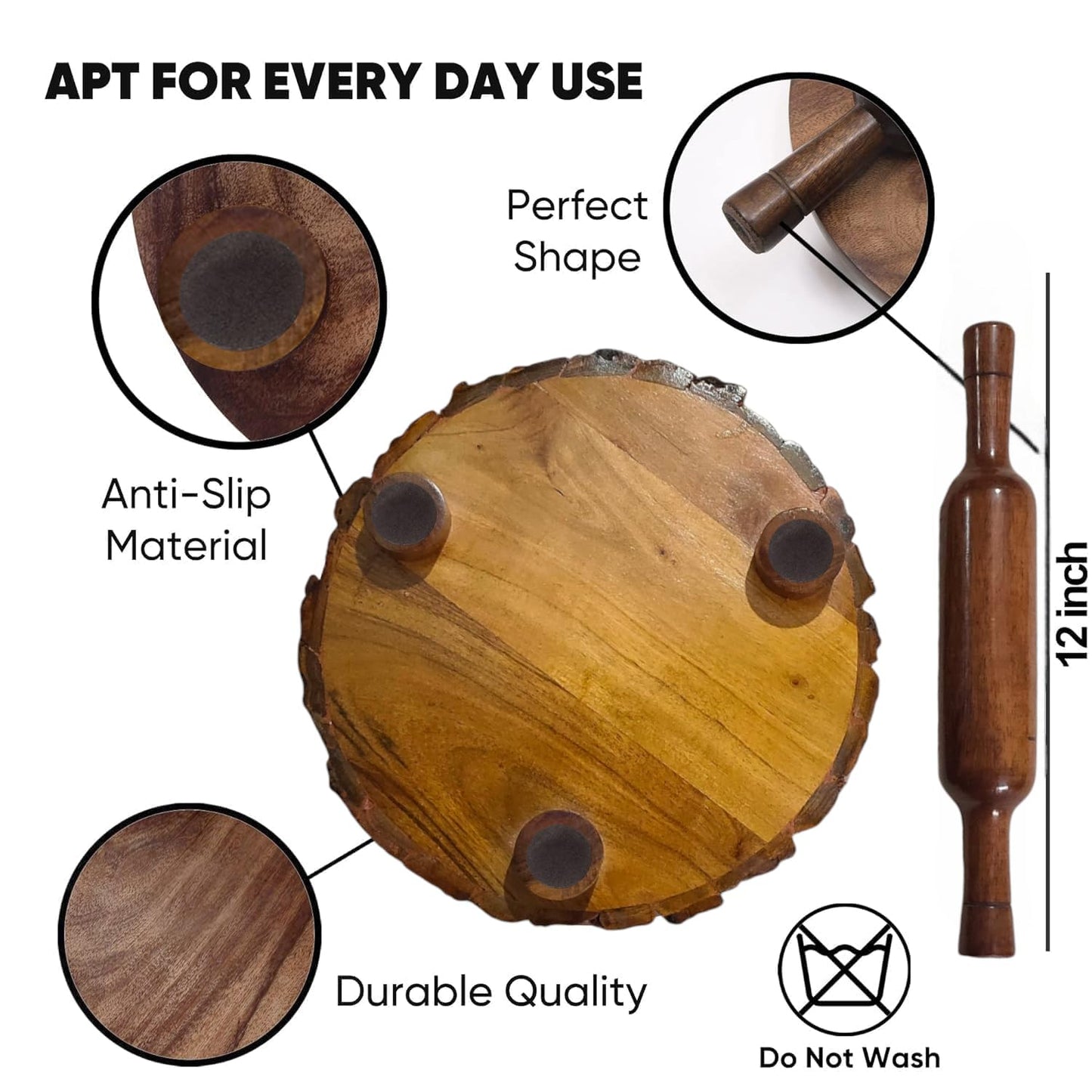 Udaipur Handicrafts Sheesham Wood Chakla Belan Set | Rustic Roti Rolling Board with Natural Bark Edge & Solid Rolling Pin | Made in India | No Chemical Polish 10.5 Inch (Brown)