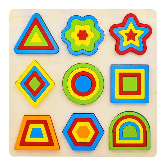 Udaipur HandiCrafts Wooden Shapes Puzzle Learning Toy, Montessori Brain Teaser Puzzle Board with 9 Geometric Shapes, Interactive Game Educational Toys for Kids, Multicolour, 3+ Years (Pack of 1)