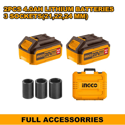 Ingco Brushless Impact Wrench, Nut-Busting Torque 650Nm, 20V Cordless 1/2 Inch Battery Impact Gun, 2200RPM with 2 PCS 4.0 Ah Battery Packs and Fast Charger