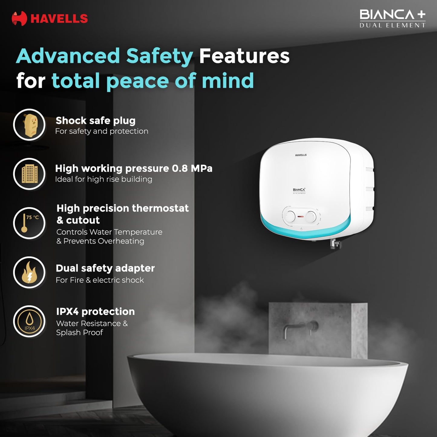 Havells All New Bianca+ 10L 5 Star 3-in-1 Convertible Storage Water Heater(Geyser)|Dual Element|33% Fast Heating|Shock Safe Plug|7 Year Tank & 5 Year element Warranty|Free Installation & Flexi pipe